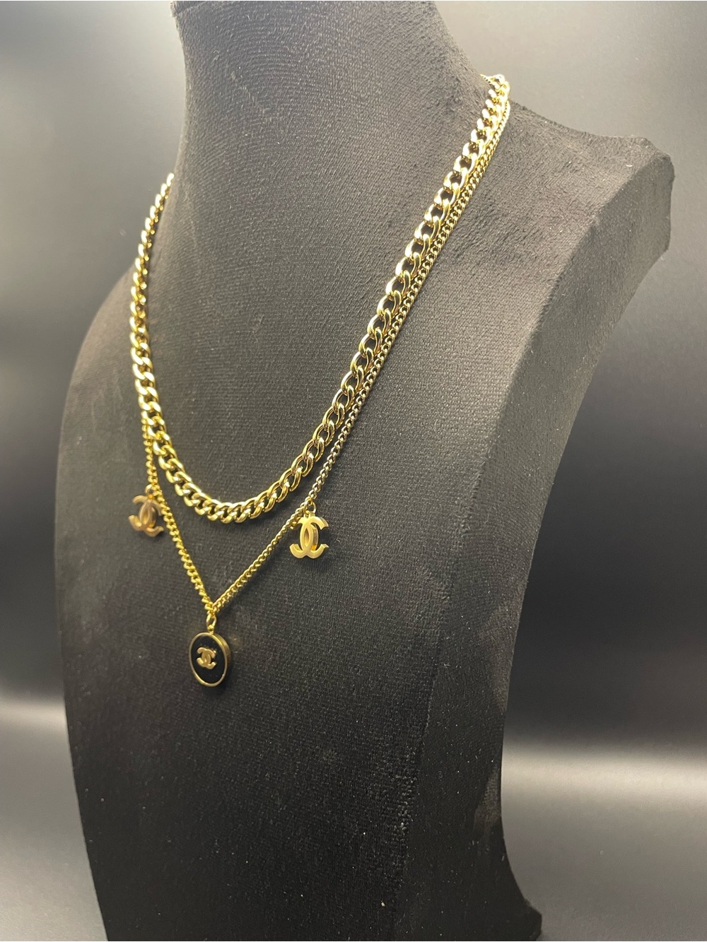 Gold-Tone Layered Pendant Necklace with Double CC Charms